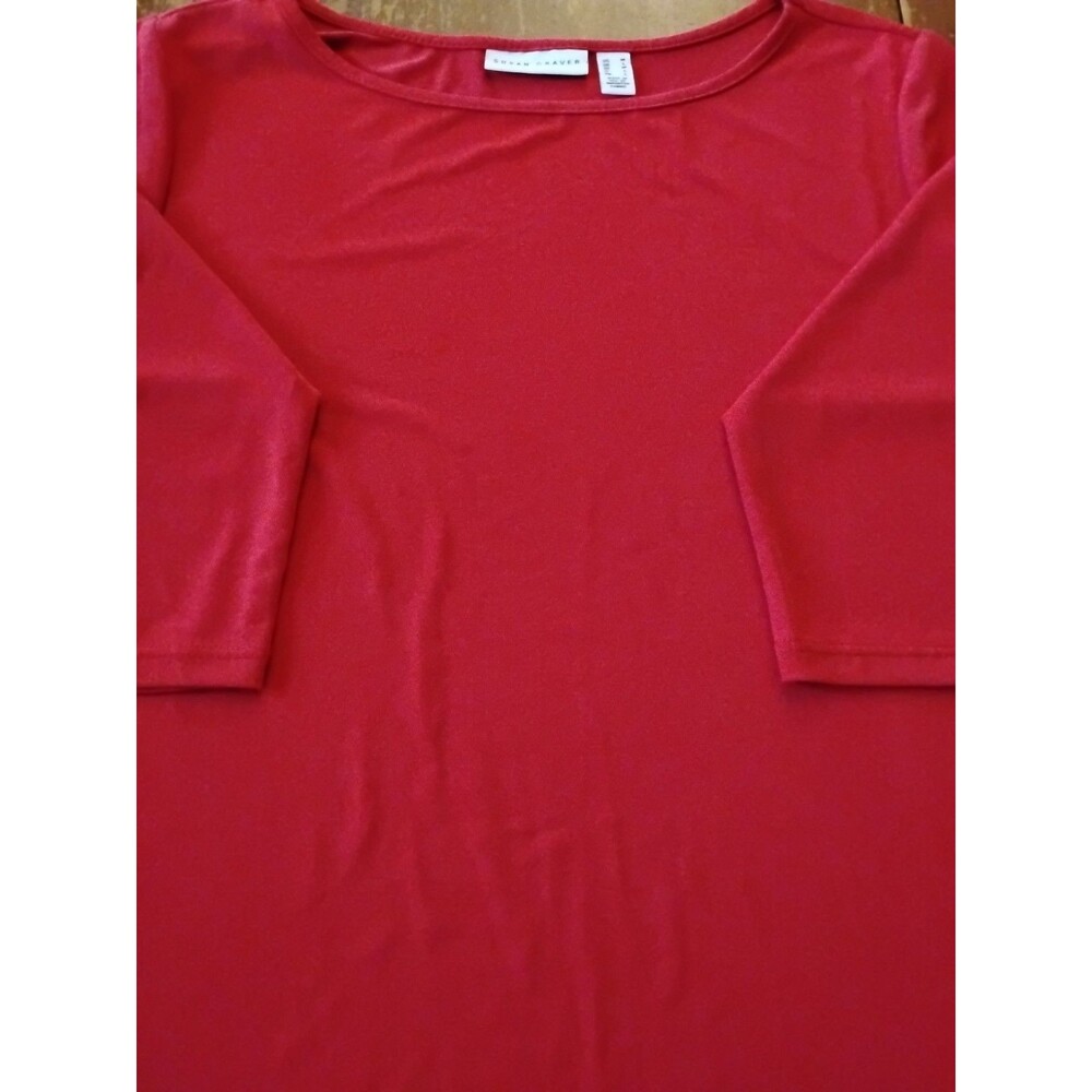 Susan Graver Women's Sz.M Red 3/4 Sleeve Boat Neck Side Point Slit Pullover Top